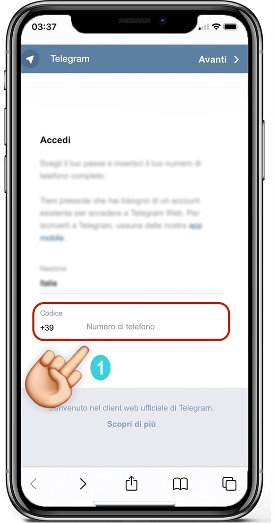 Telegram Web login screen with the phone number field highlighted