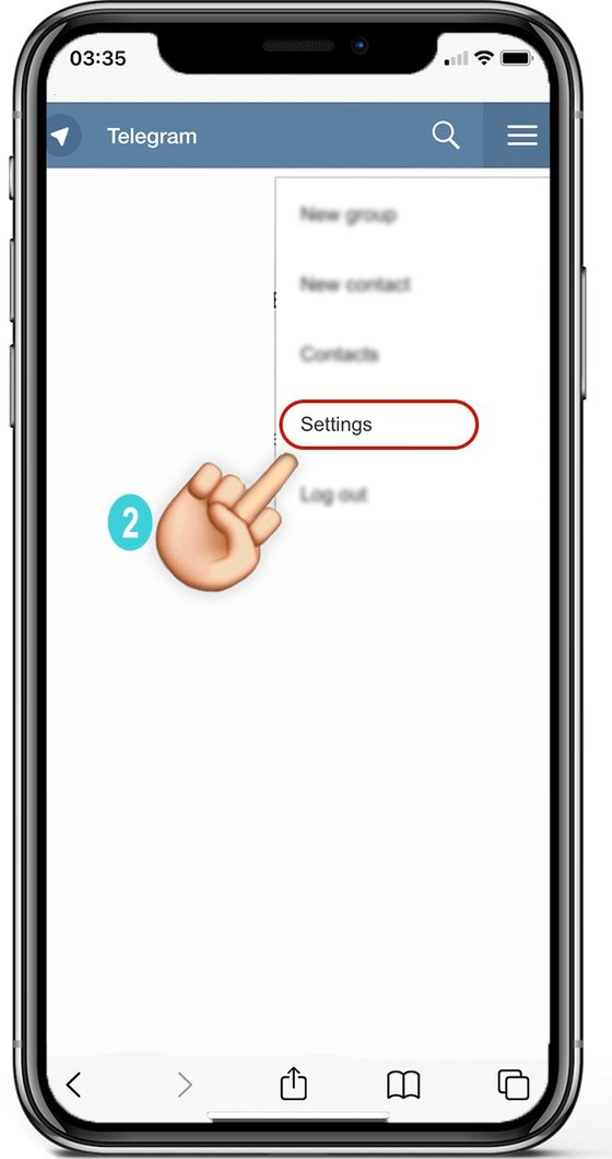 Telegram Web menu open with the Settings entry highlighted