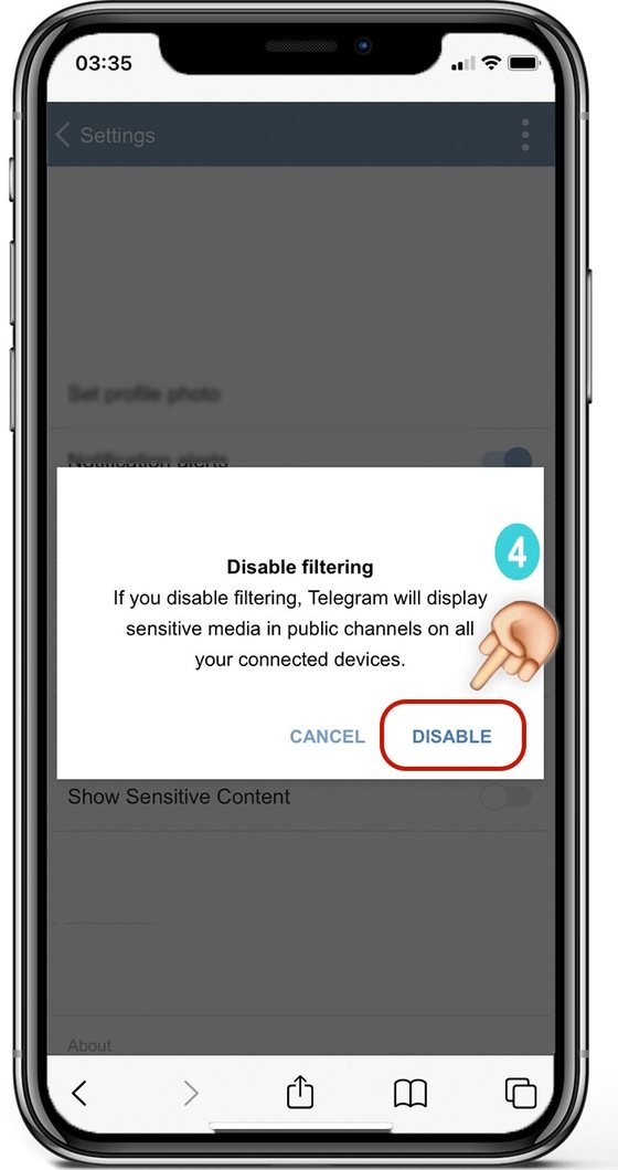 Telegram Disable filtering confirmation dialog with the DISABLE button highlighted
